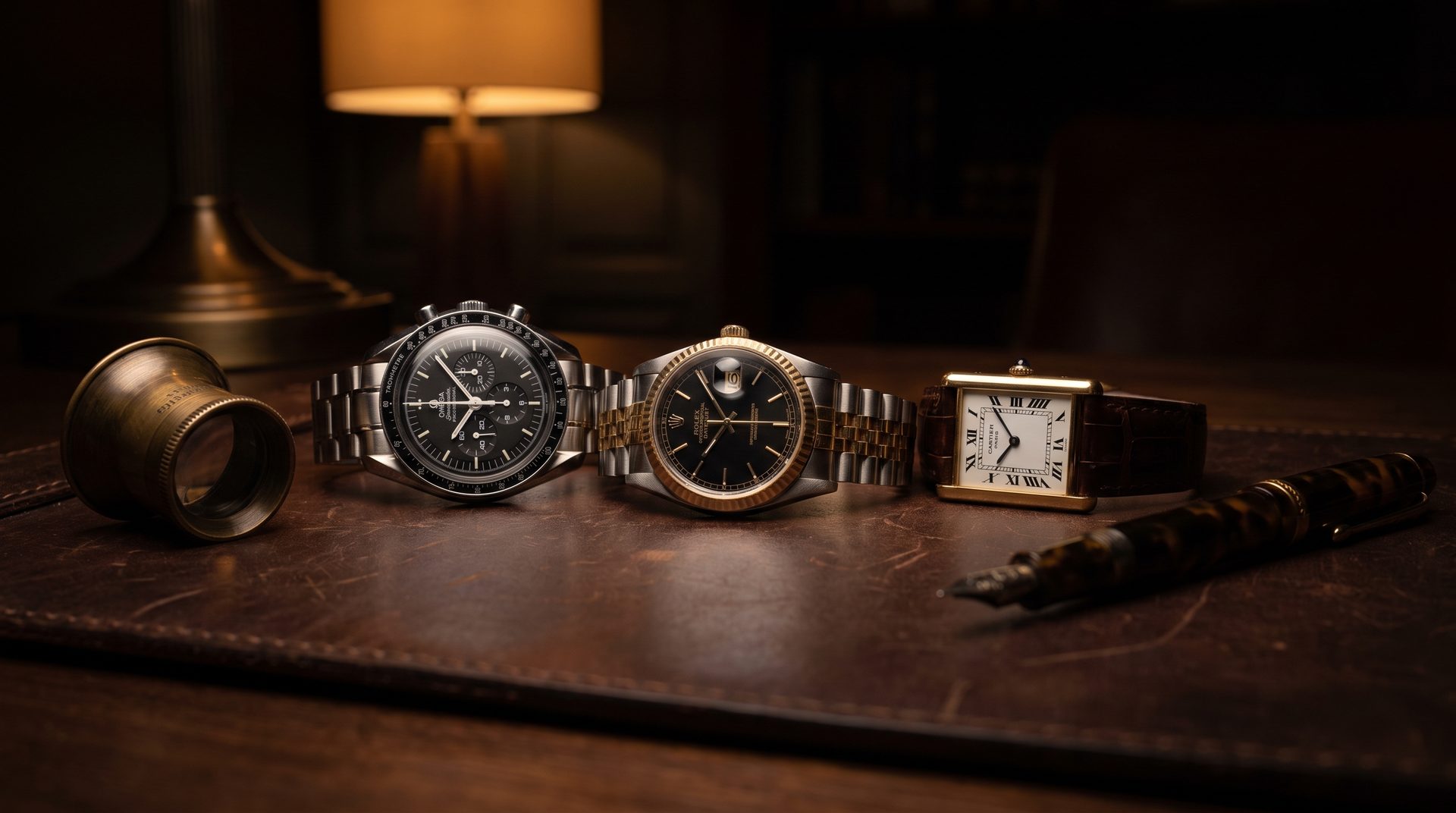 A curated tray of luxury timepieces on leather