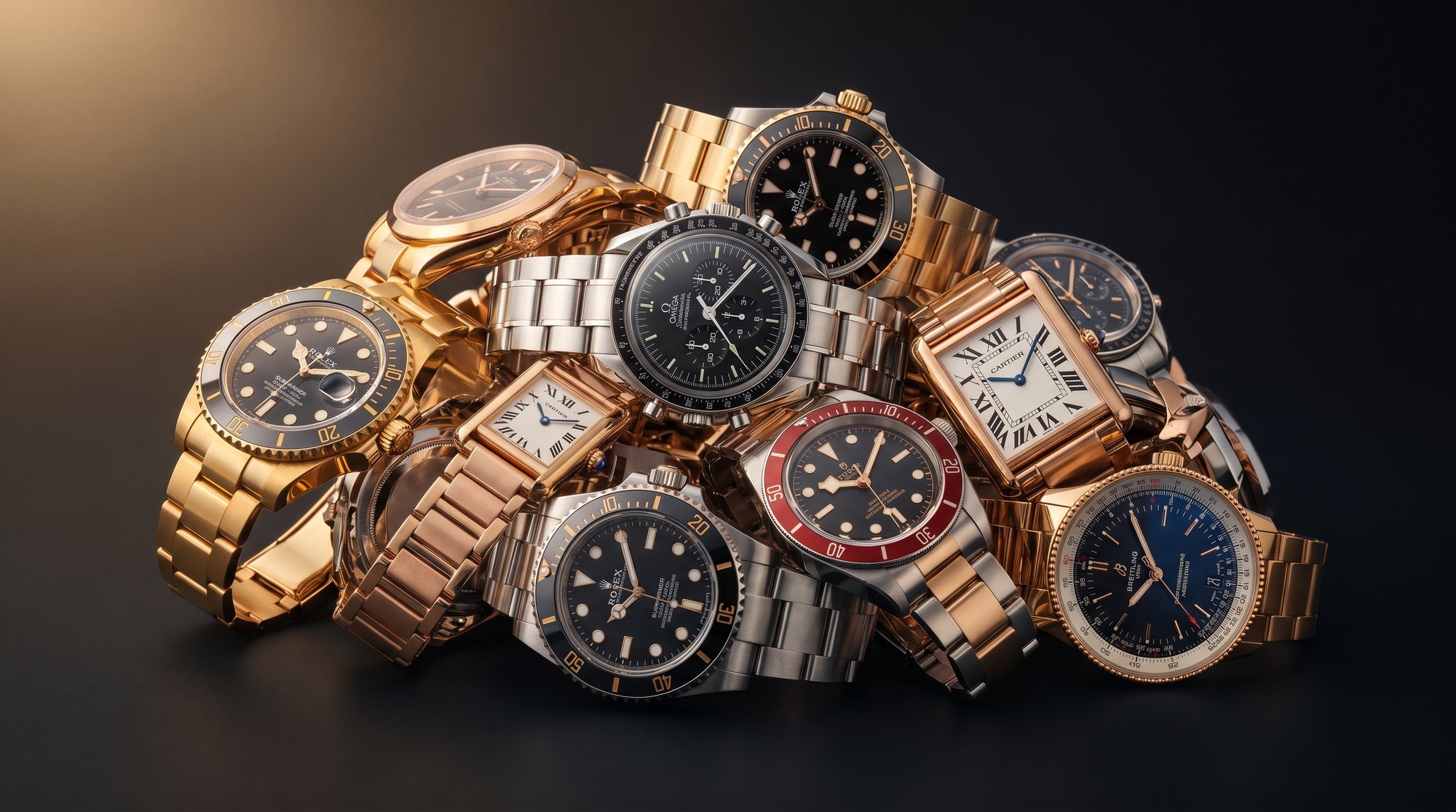 A pile of luxury timepieces